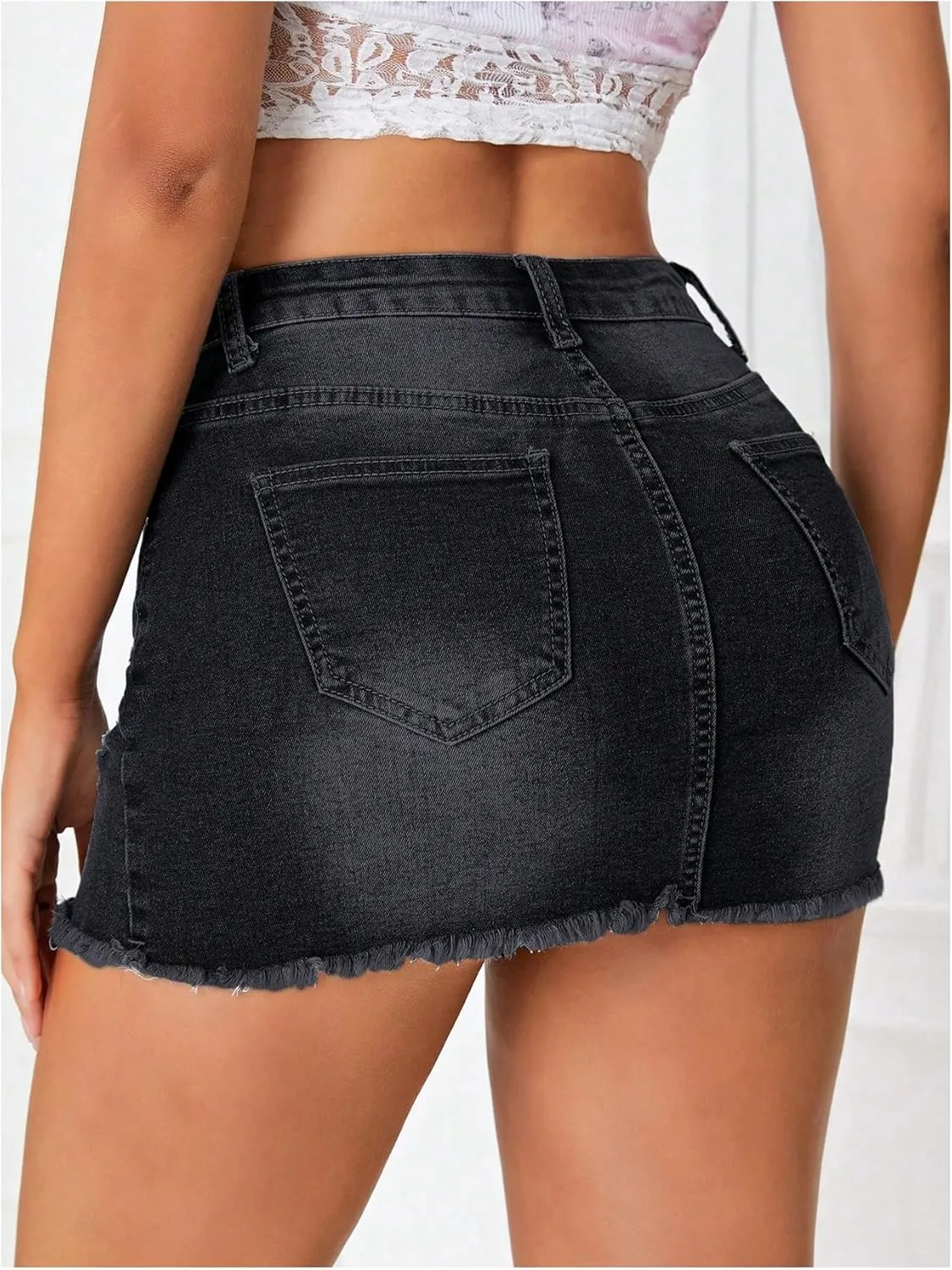 Verdusa Women's Y2K Low Waist Ripped Raw Trim Denim Bodycon Pencil Mini Skirt