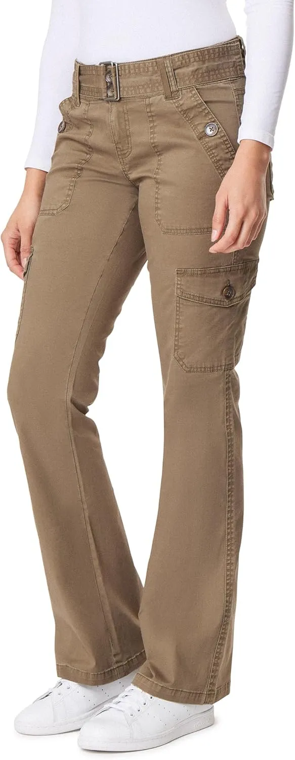WallFlower Women's Feisty Curvy Cargo Flare Low Rise Belted Insta Stretch Juniors Pants (Standard and Plus)