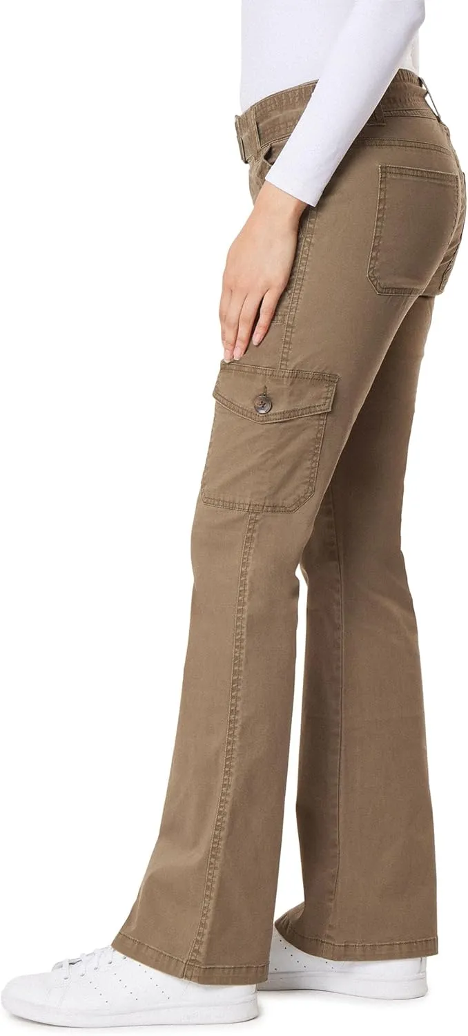 WallFlower Women's Feisty Curvy Cargo Flare Low Rise Belted Insta Stretch Juniors Pants (Standard and Plus)