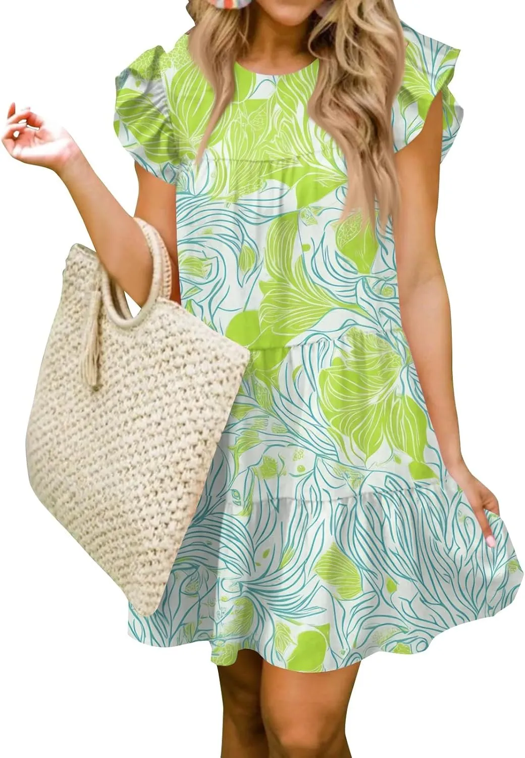Women Babydoll Summer Casual Crew Neck Ruffle Sleeve Sleeveless Flowy Mini Short Tunic Dress Floral Print Pleated Dress5-Fluorescent Green,X-Large