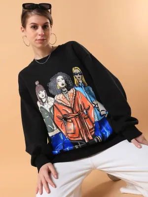 Women Black Graphic Printed Casual Sweatshirt