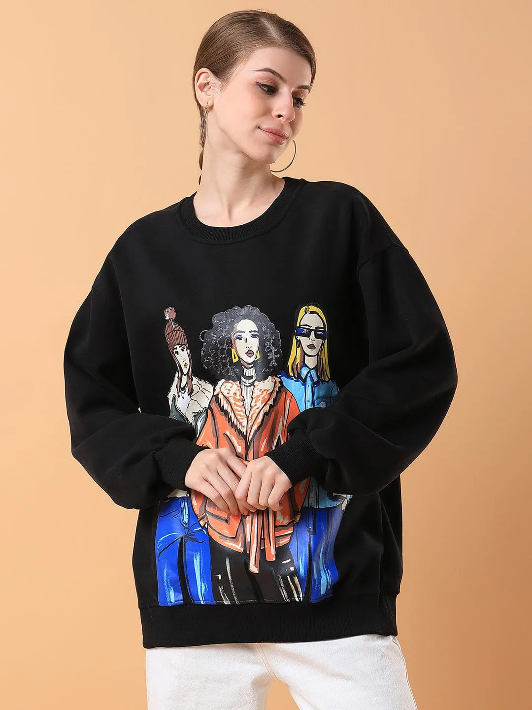Women Black Graphic Printed Casual Sweatshirt