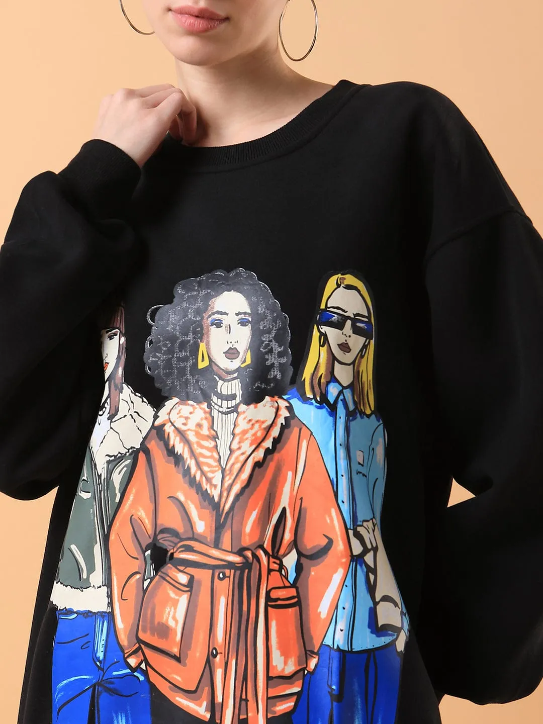Women Black Graphic Printed Casual Sweatshirt