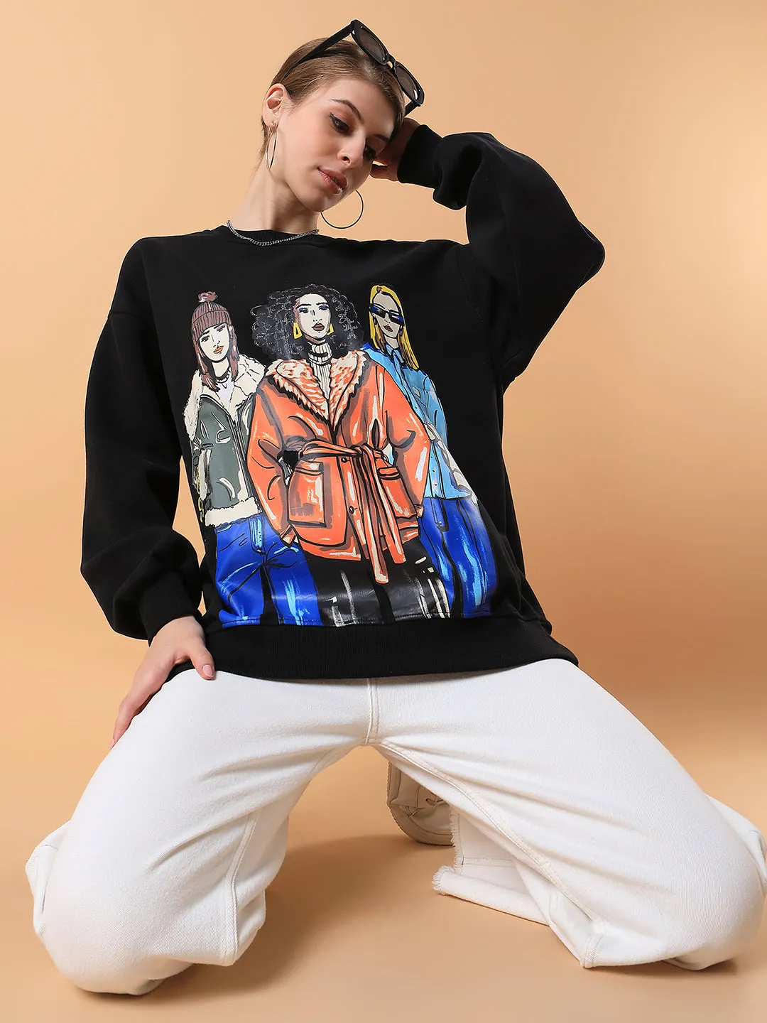 Women Black Graphic Printed Casual Sweatshirt