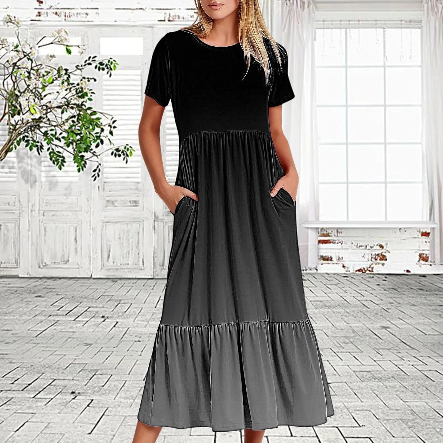 Women Crewneck Maxi Dress Trendy Summer Short Sleeve Long Dresses Casual Tiered Ruffle Mid Calf Sundress