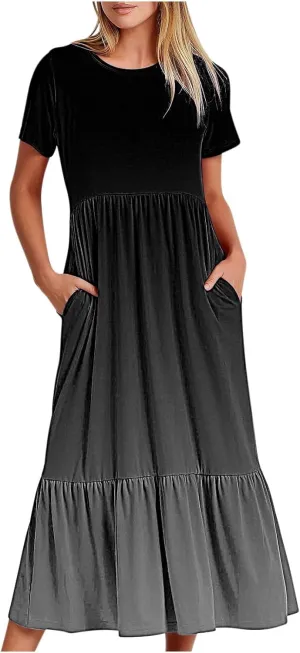 Women Crewneck Maxi Dress Trendy Summer Short Sleeve Long Dresses Casual Tiered Ruffle Mid Calf Sundress