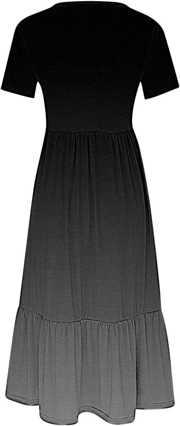 Women Crewneck Maxi Dress Trendy Summer Short Sleeve Long Dresses Casual Tiered Ruffle Mid Calf Sundress