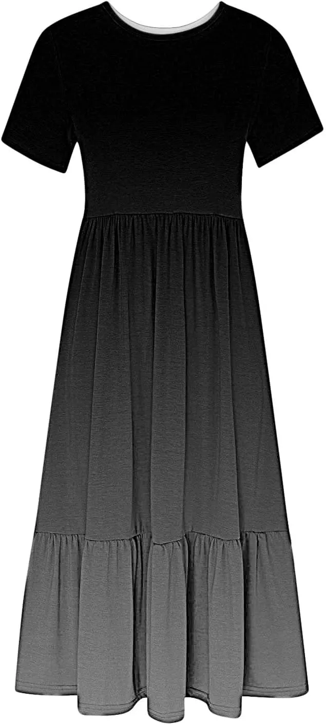 Women Crewneck Maxi Dress Trendy Summer Short Sleeve Long Dresses Casual Tiered Ruffle Mid Calf Sundress