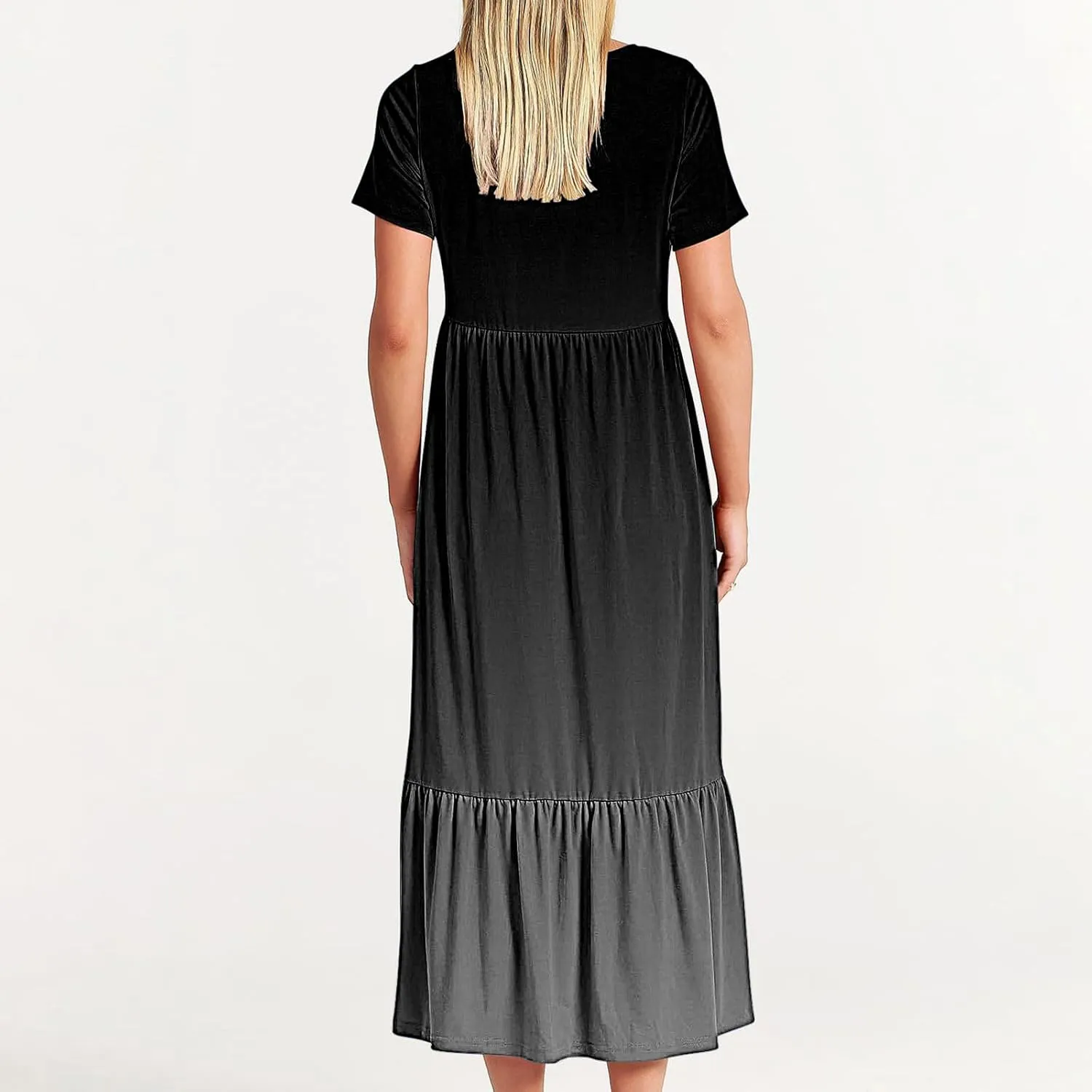 Women Crewneck Maxi Dress Trendy Summer Short Sleeve Long Dresses Casual Tiered Ruffle Mid Calf Sundress