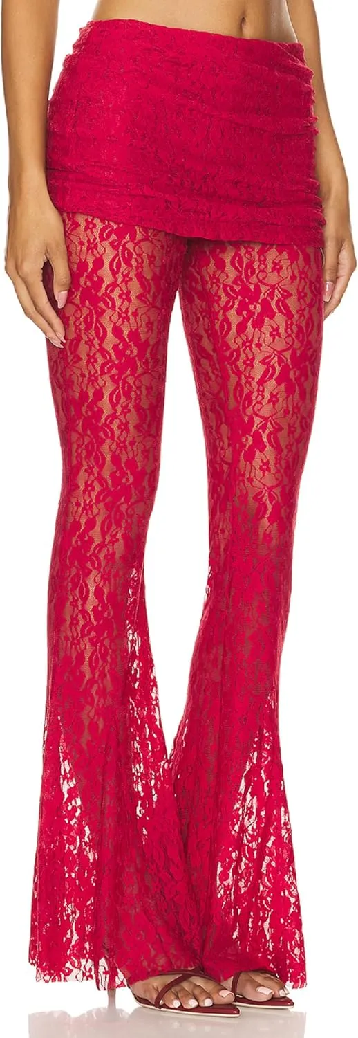 Women Floral Lace Bell Pants Sexy See Through Lace Pants Sheer Mesh Bottom Y2k High Waist Cover Up Trousers