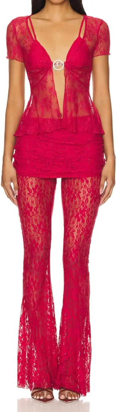 Women Floral Lace Bell Pants Sexy See Through Lace Pants Sheer Mesh Bottom Y2k High Waist Cover Up Trousers