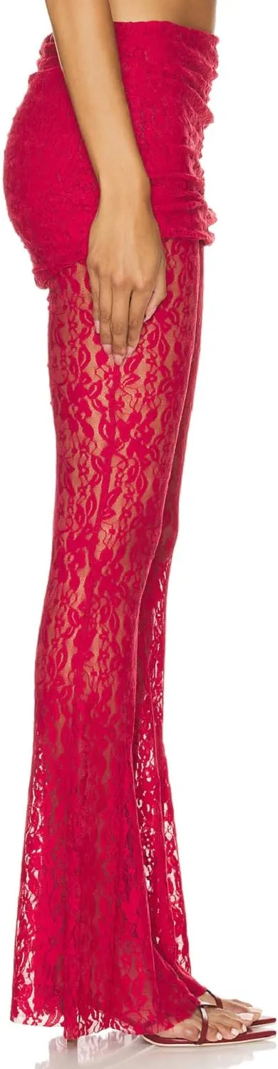 Women Floral Lace Bell Pants Sexy See Through Lace Pants Sheer Mesh Bottom Y2k High Waist Cover Up Trousers