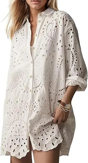 Women Hollow Out Eyelet Button Down Lapel V Neck Long Sleeve Ruffle Flowy Solid Oversized Loose Mini Shirt Dress