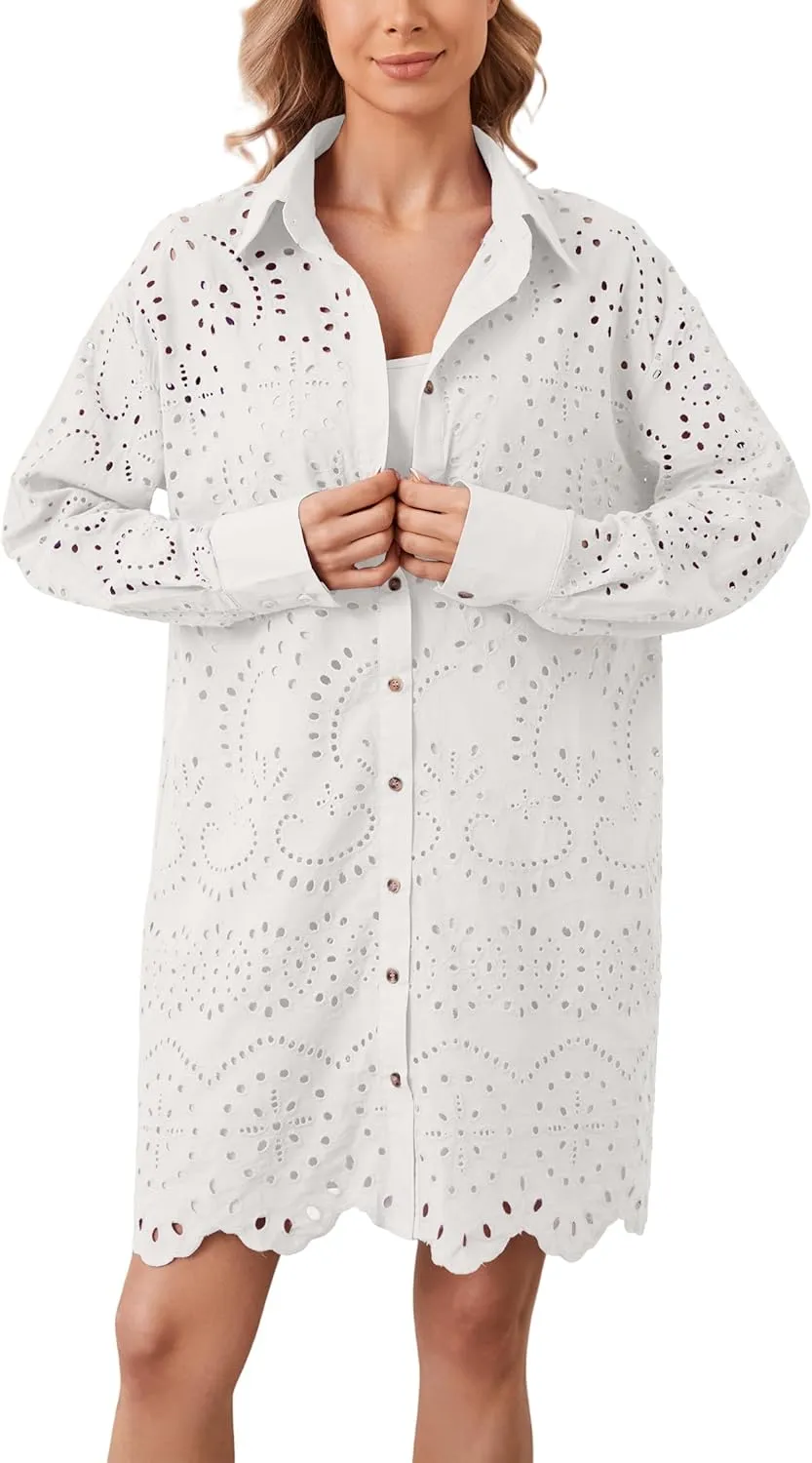 Women Hollow Out Eyelet Button Down Lapel V Neck Long Sleeve Ruffle Flowy Solid Oversized Loose Mini Shirt Dress
