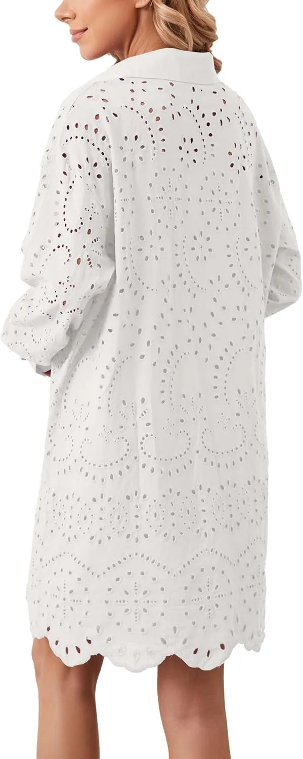 Women Hollow Out Eyelet Button Down Lapel V Neck Long Sleeve Ruffle Flowy Solid Oversized Loose Mini Shirt Dress