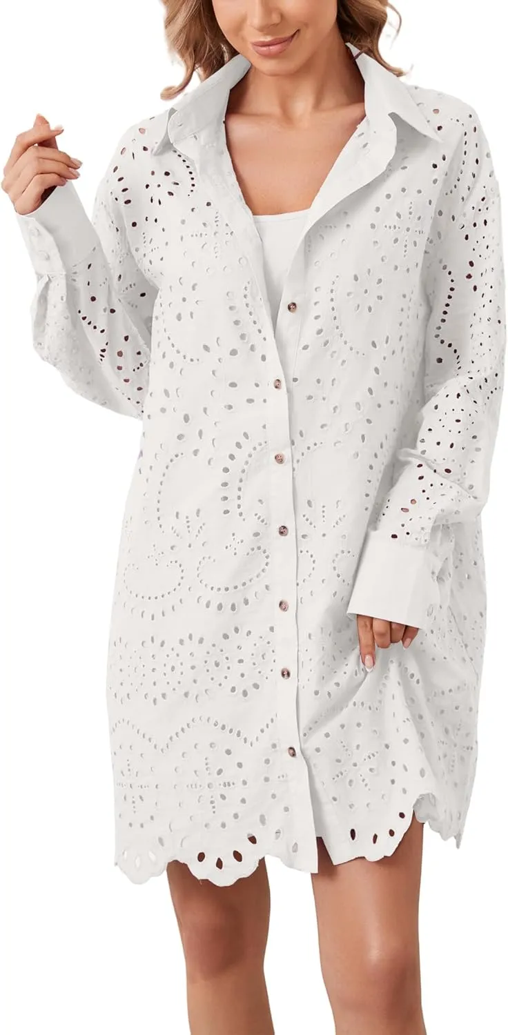 Women Hollow Out Eyelet Button Down Lapel V Neck Long Sleeve Ruffle Flowy Solid Oversized Loose Mini Shirt Dress