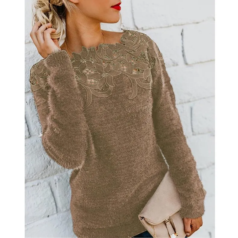 Women lace flower hollow solid color pullover sweater