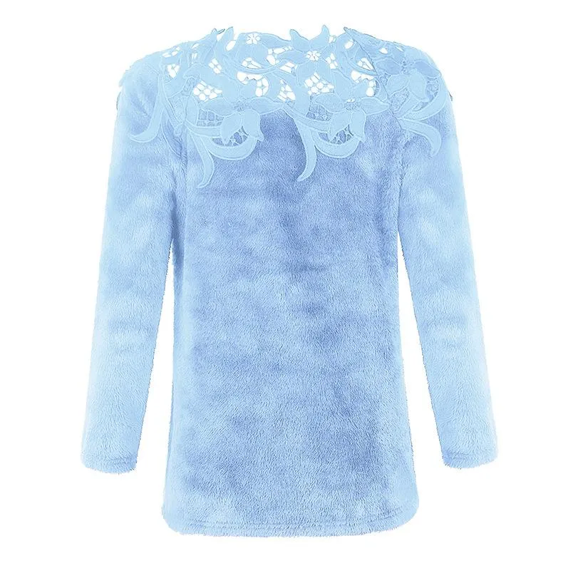 Women lace flower hollow solid color pullover sweater