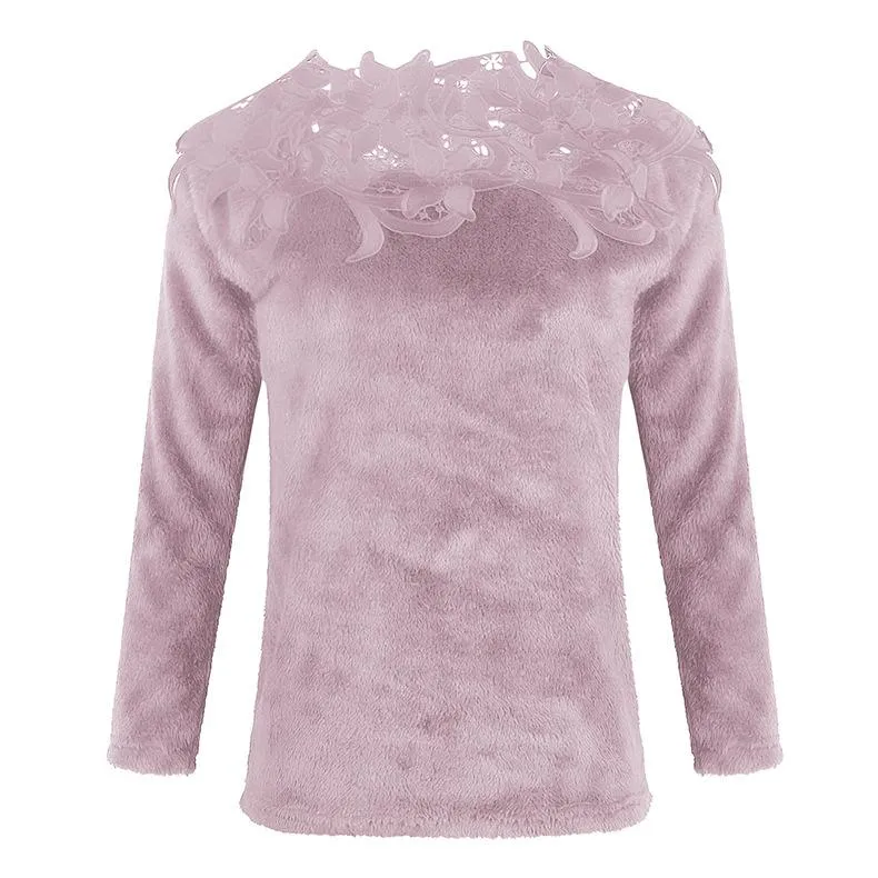Women lace flower hollow solid color pullover sweater