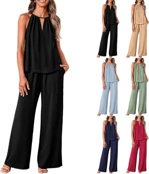 Women Linen Set Casual Summer Outfits 2 Piece Vacation Outfits Sleeveless Halter Top Wide Leg Palazzo Pants Beach Sets