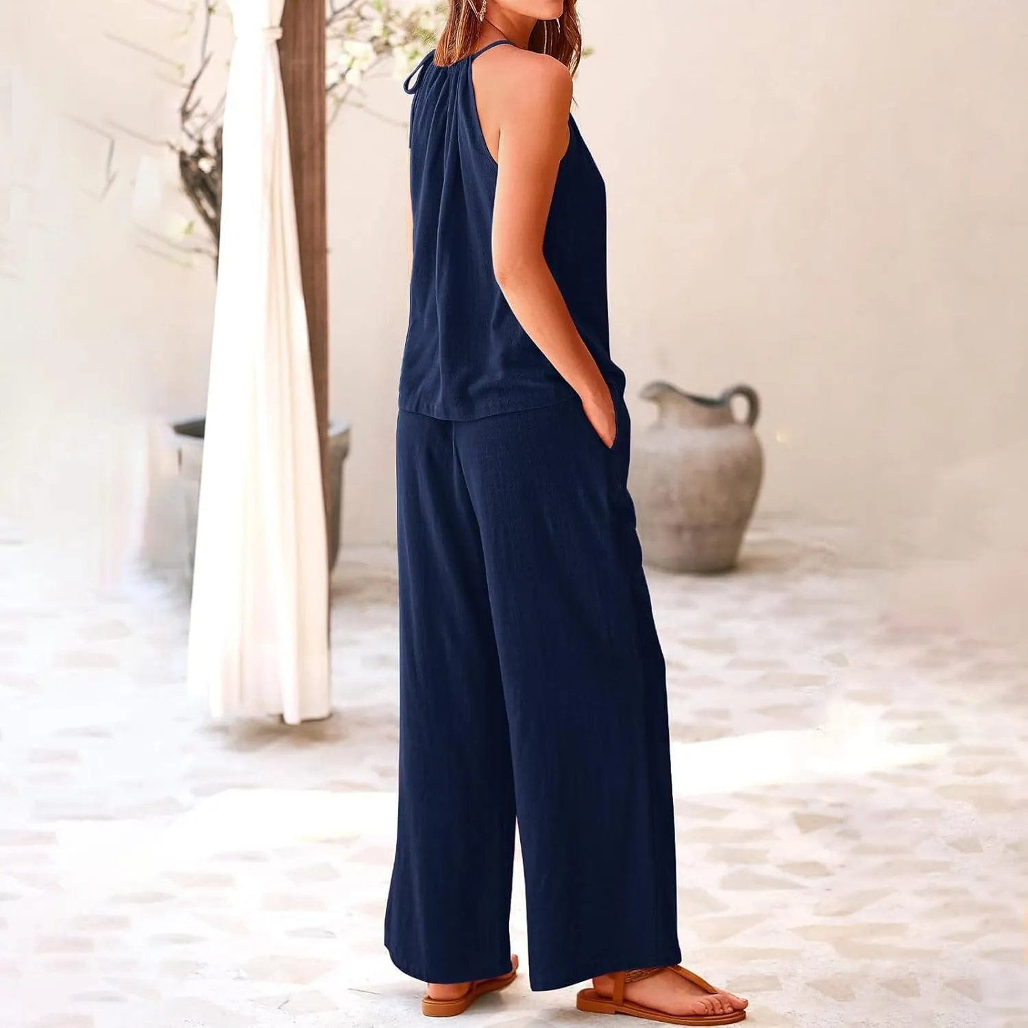 Women Linen Set Casual Summer Outfits 2 Piece Vacation Outfits Sleeveless Halter Top Wide Leg Palazzo Pants Beach Sets
