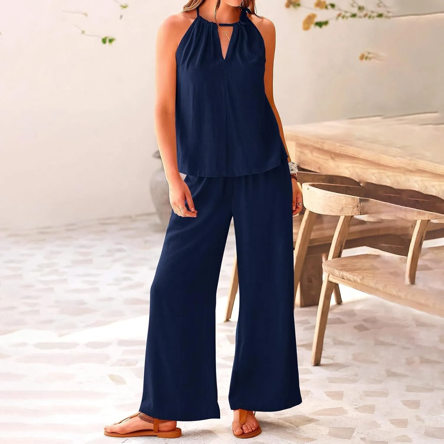 Women Linen Set Casual Summer Outfits 2 Piece Vacation Outfits Sleeveless Halter Top Wide Leg Palazzo Pants Beach Sets
