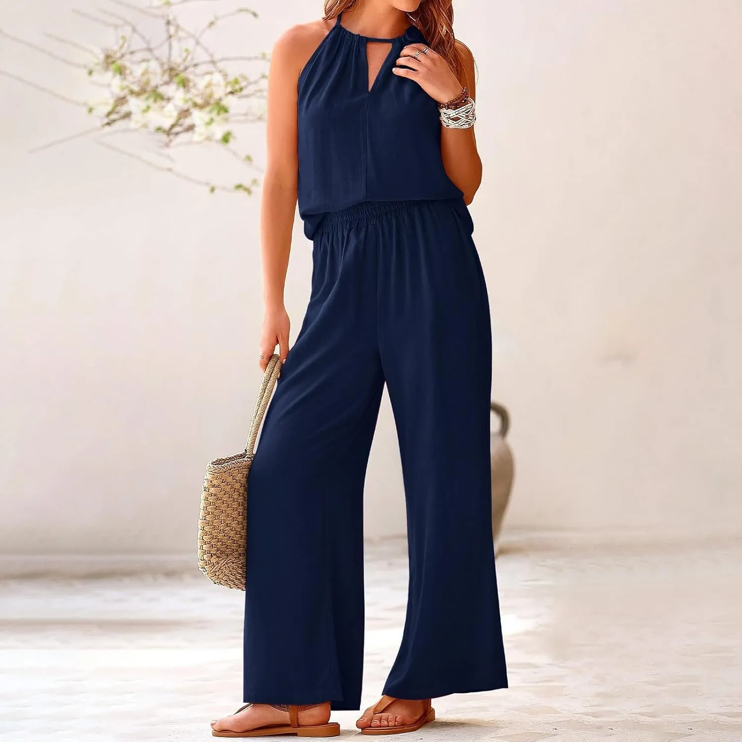 Women Linen Set Casual Summer Outfits 2 Piece Vacation Outfits Sleeveless Halter Top Wide Leg Palazzo Pants Beach Sets