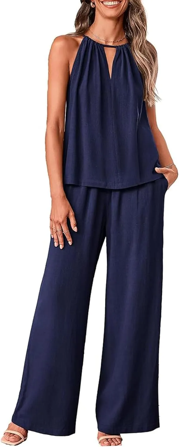 Women Linen Set Casual Summer Outfits 2 Piece Vacation Outfits Sleeveless Halter Top Wide Leg Palazzo Pants Beach Sets