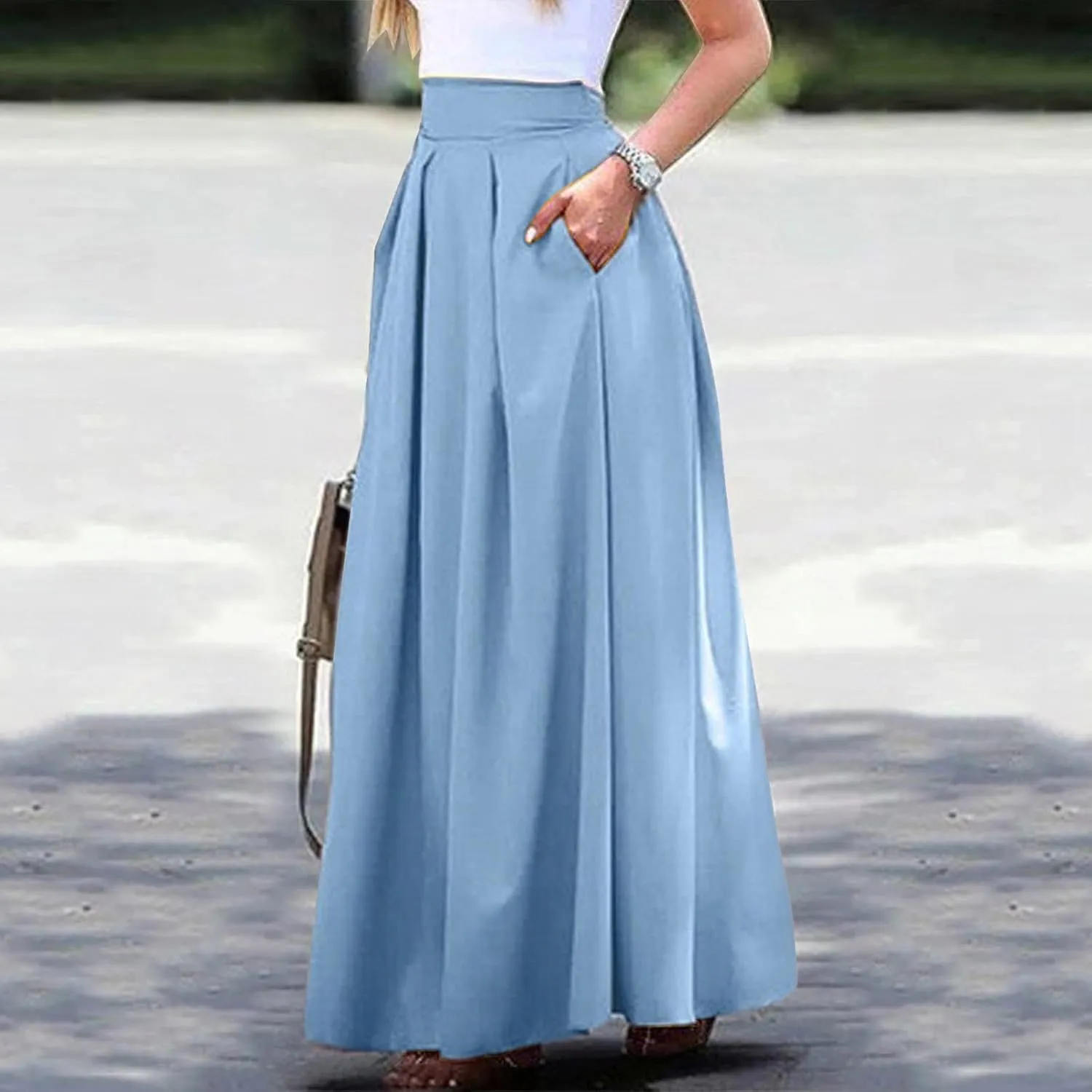 Women Midi Skirt Vintage Elastic High Waisted Pleated Skirt with Pockets A-Line Elegant Loose Business Work Midi Skirt