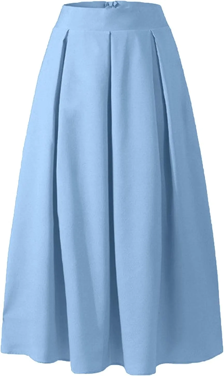 Women Midi Skirt Vintage Elastic High Waisted Pleated Skirt with Pockets A-Line Elegant Loose Business Work Midi Skirt