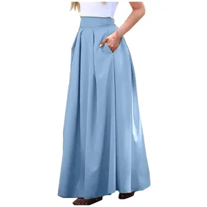 Women Midi Skirt Vintage Elastic High Waisted Pleated Skirt with Pockets A-Line Elegant Loose Business Work Midi Skirt
