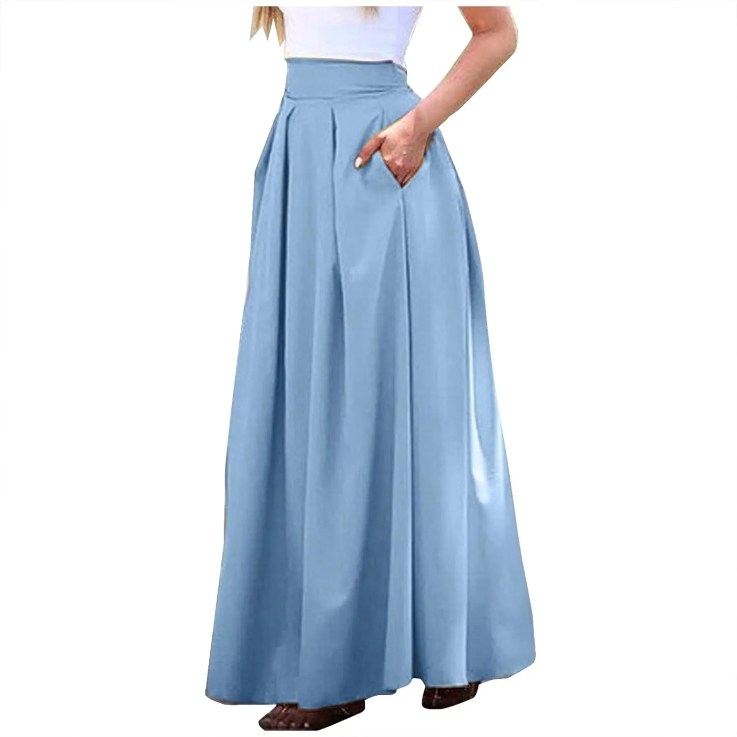 Women Midi Skirt Vintage Elastic High Waisted Pleated Skirt with Pockets A-Line Elegant Loose Business Work Midi Skirt