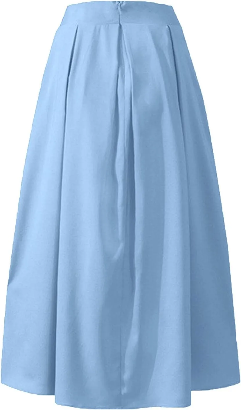 Women Midi Skirt Vintage Elastic High Waisted Pleated Skirt with Pockets A-Line Elegant Loose Business Work Midi Skirt