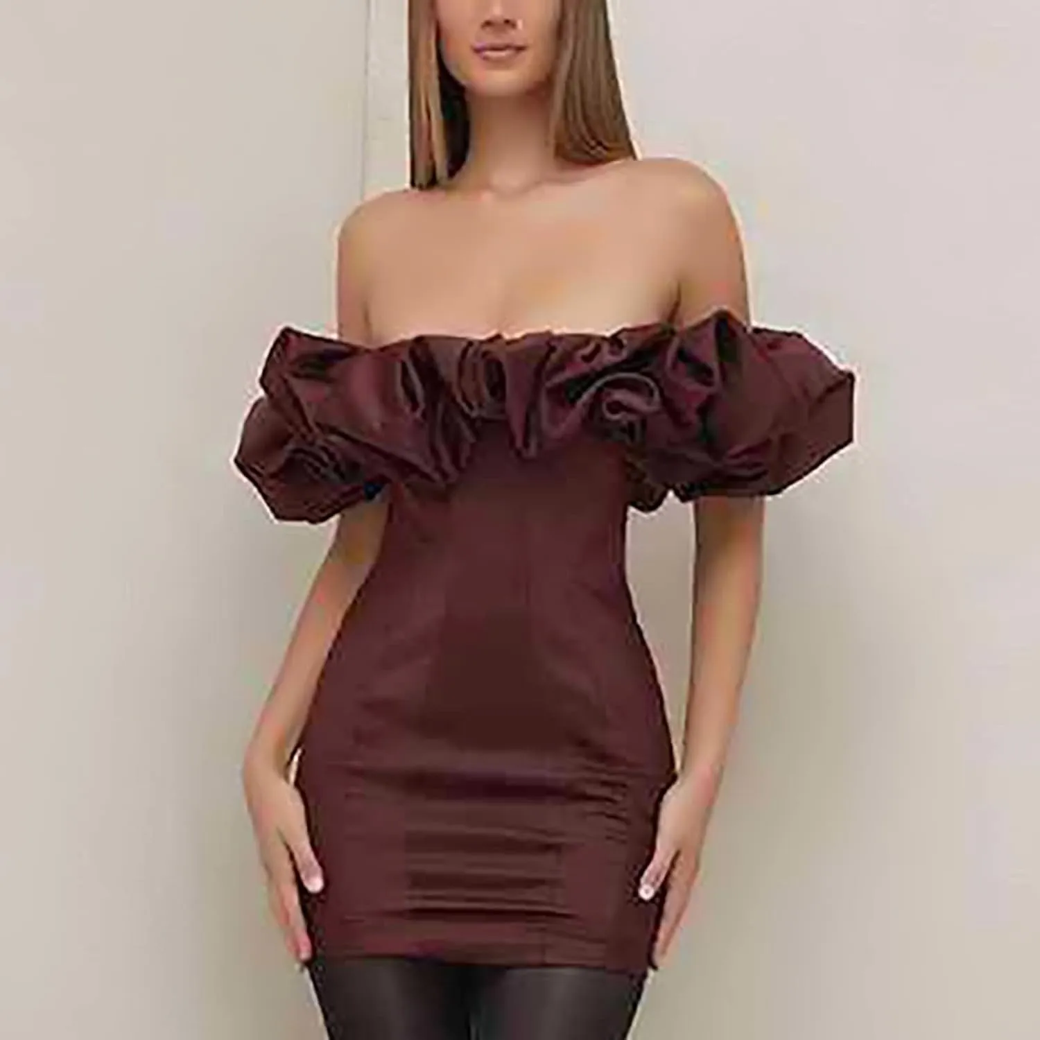 Women Sexy Bodycon Dress Ruffle Sleeve Cocktail Evening Party Elegant Mini Dresses Off Shoulder Slim Fit Club Dress
