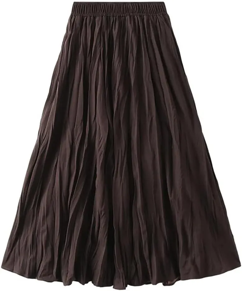 Women Spring Summer Casual High Waist A-Line Long Skirts Solid Color Pleated Midi Skirt