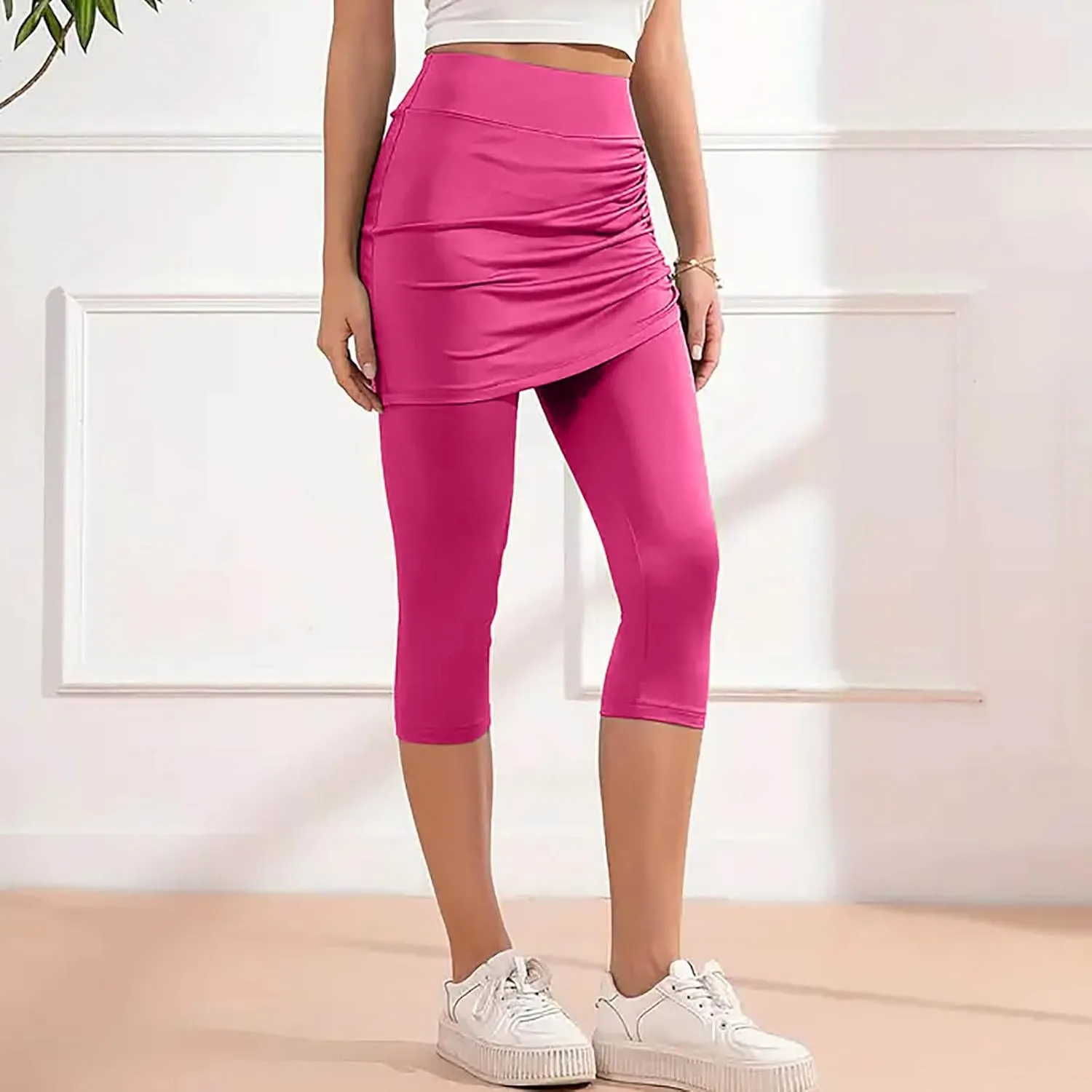 Women Tennis Skirt with Capris Leggings High Waist Drawstring Tie Athletic Golf Knee Length Skorts
