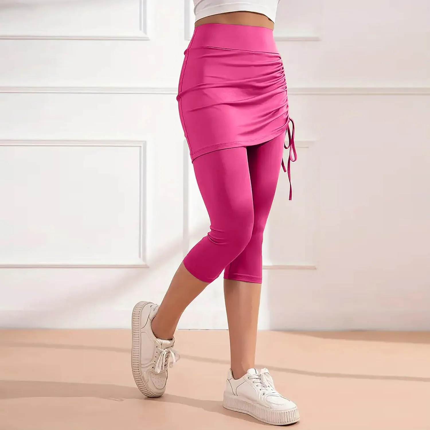 Women Tennis Skirt with Capris Leggings High Waist Drawstring Tie Athletic Golf Knee Length Skorts
