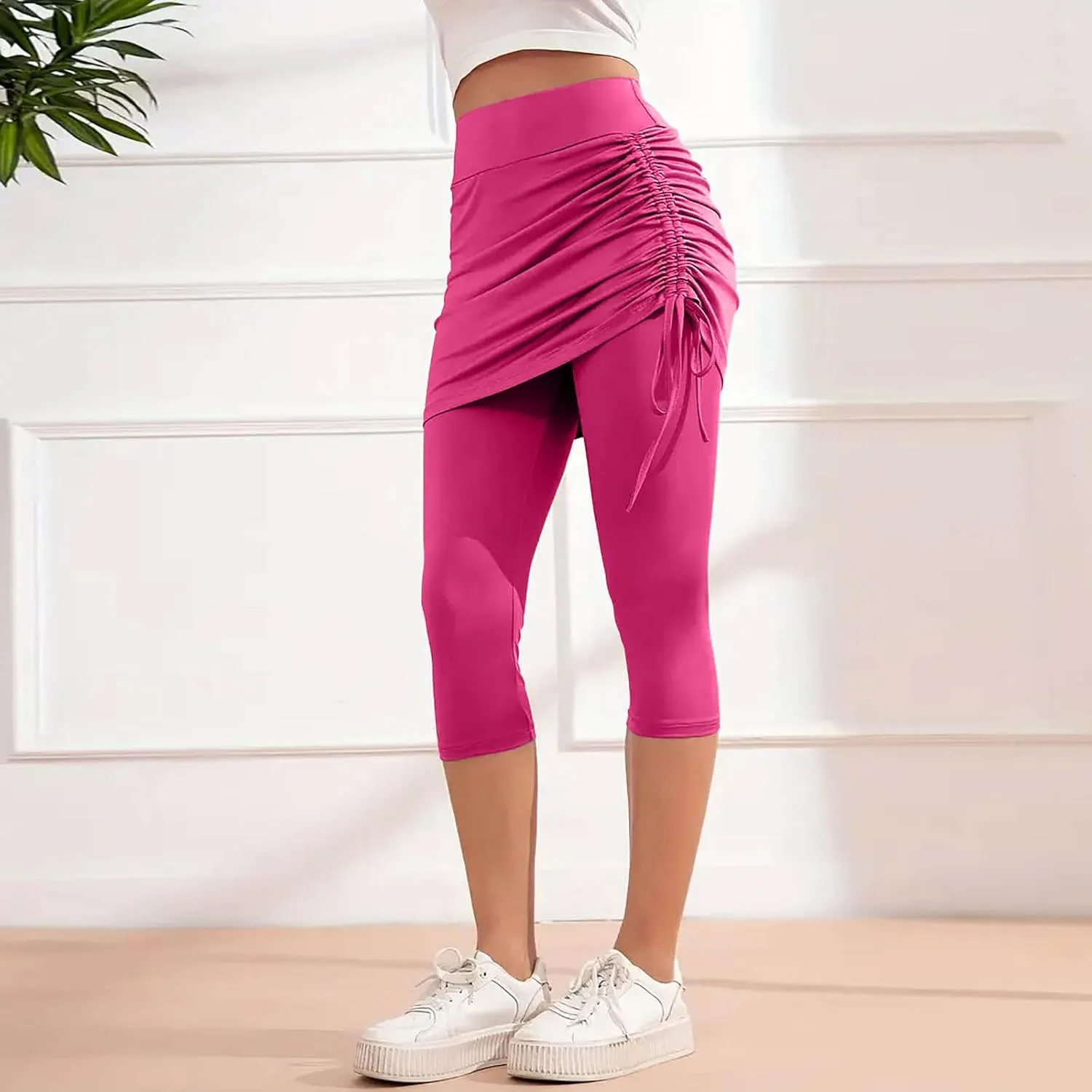 Women Tennis Skirt with Capris Leggings High Waist Drawstring Tie Athletic Golf Knee Length Skorts