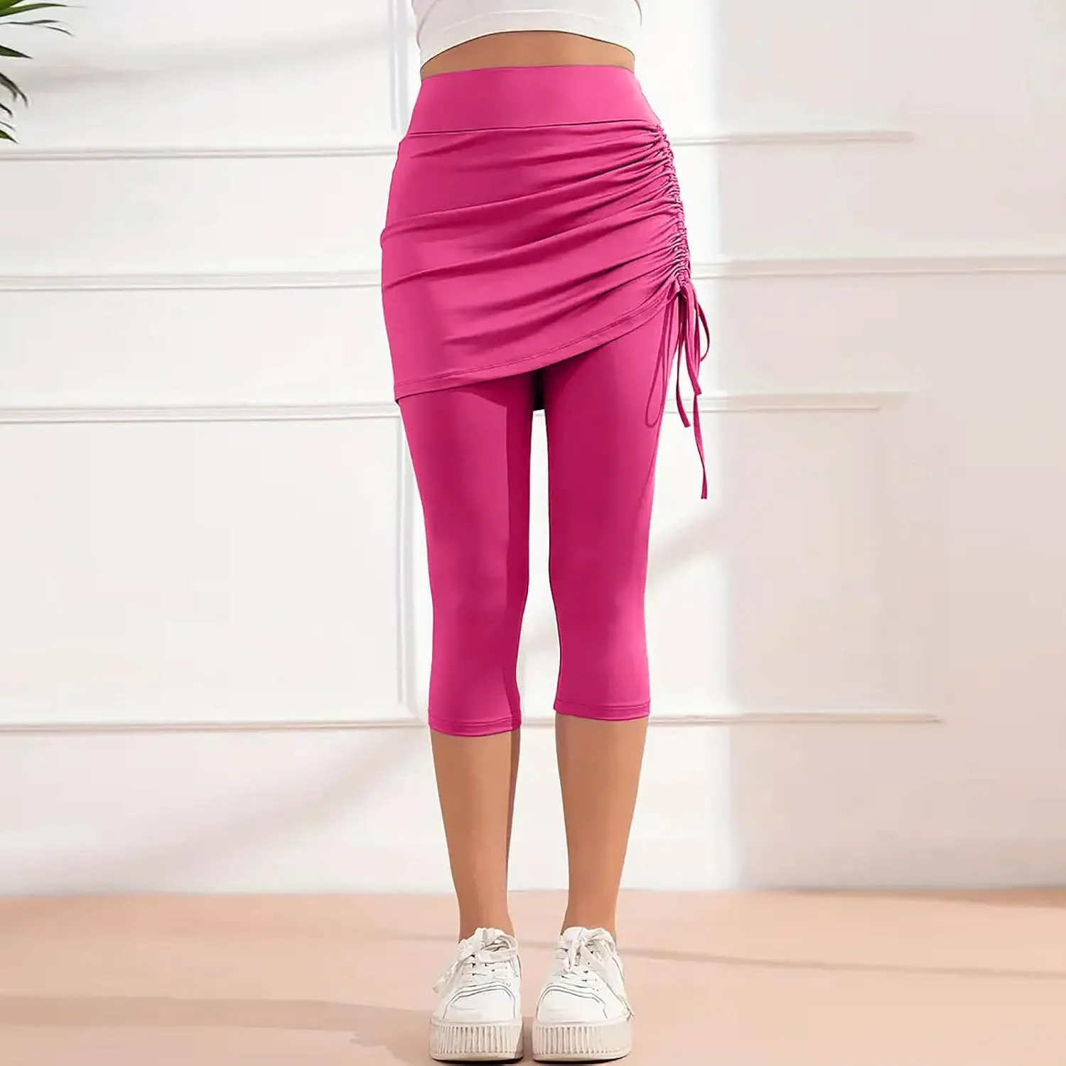 Women Tennis Skirt with Capris Leggings High Waist Drawstring Tie Athletic Golf Knee Length Skorts