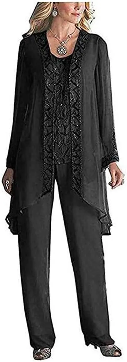 Women's 3 PC Chiffon Mother's Outfit Pants Suits for Wedding Plus Size Evening Gowns Dress Suit