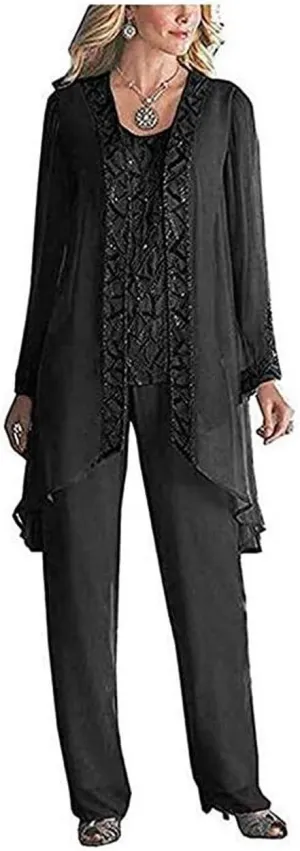 Women's 3 PC Chiffon Mother's Outfit Pants Suits for Wedding Plus Size Evening Gowns Dress Suit
