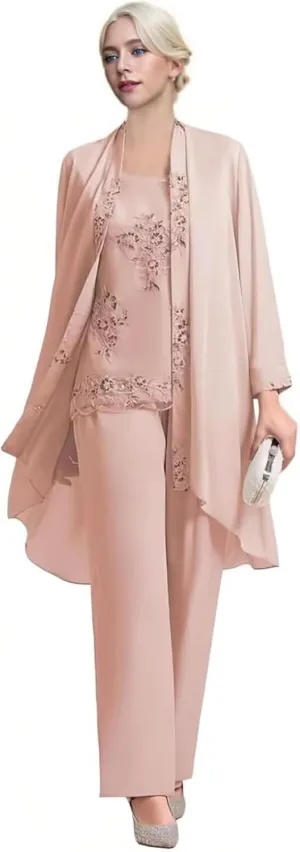 Women's 3 pcs Mother of The Bride Pant Suits Dressy Casual Long Sleeve Pantsuit for Wedding Guest