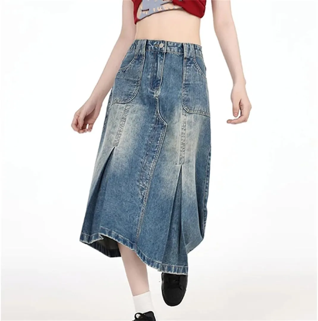 Women's 4 Big Pockets Irregular Pleated Denim Skirts High Waisted Distressed Washed Jean Skirts