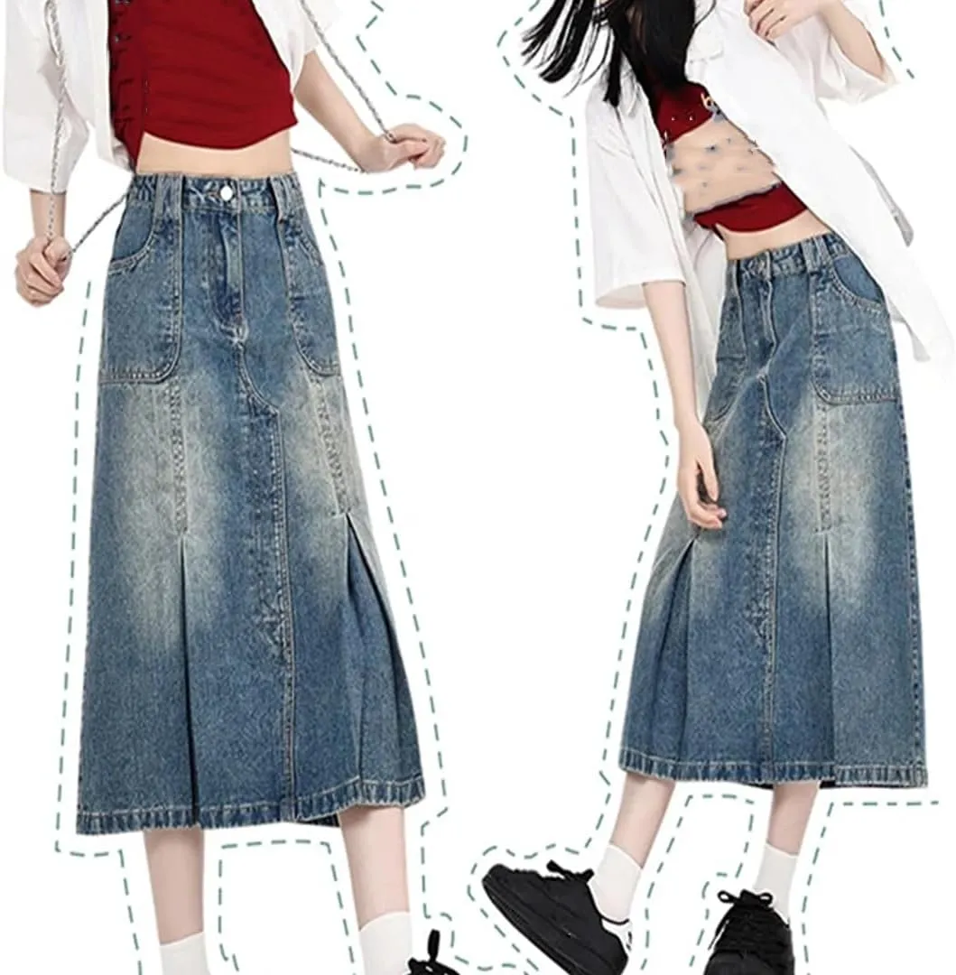 Women's 4 Big Pockets Irregular Pleated Denim Skirts High Waisted Distressed Washed Jean Skirts