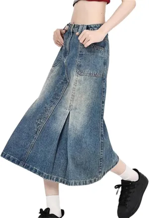 Women's 4 Big Pockets Irregular Pleated Denim Skirts High Waisted Distressed Washed Jean Skirts