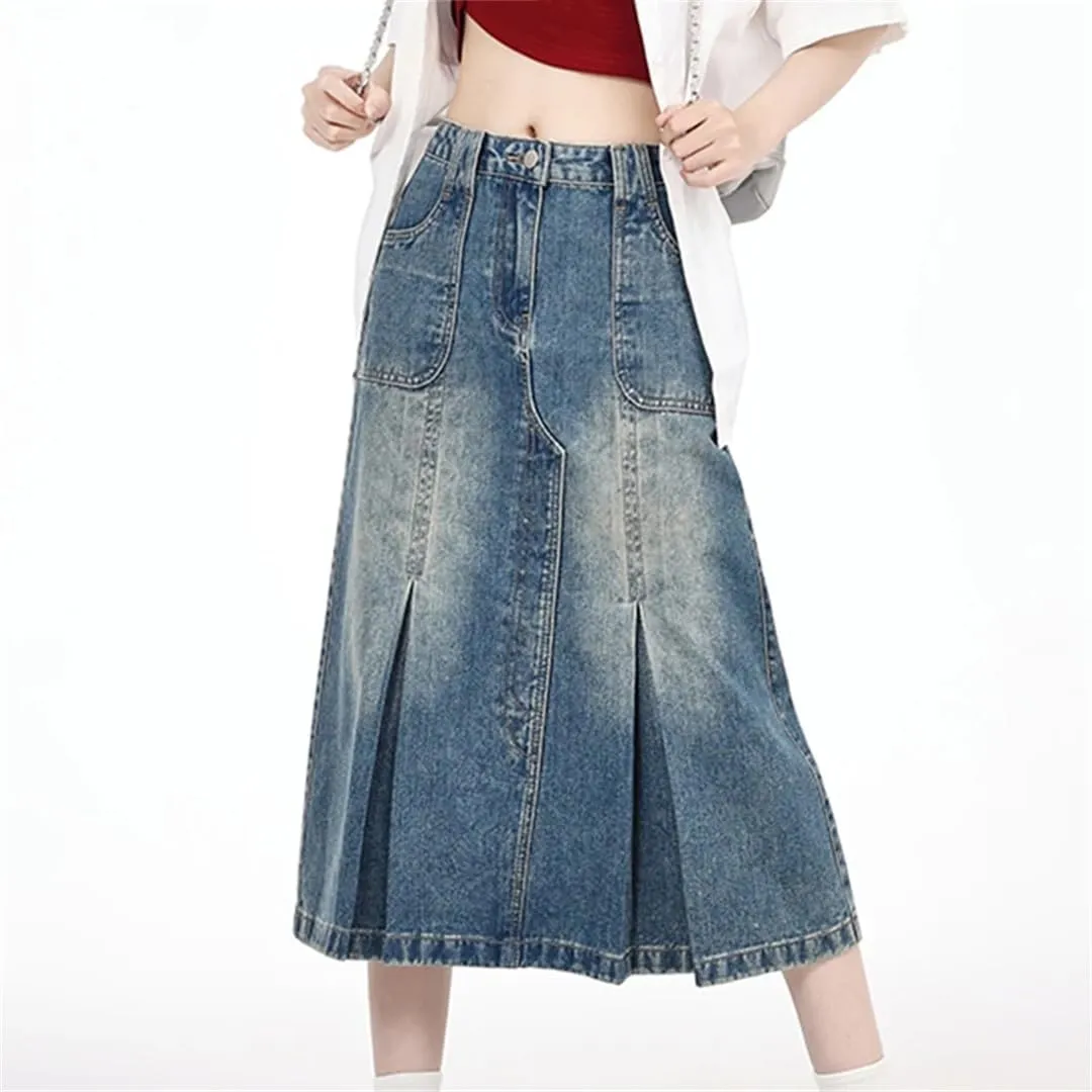 Women's 4 Big Pockets Irregular Pleated Denim Skirts High Waisted Distressed Washed Jean Skirts