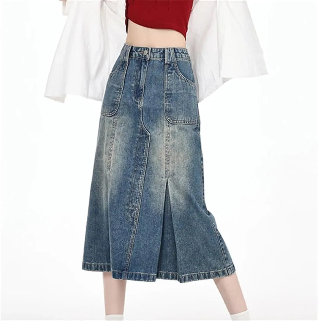 Women's 4 Big Pockets Irregular Pleated Denim Skirts High Waisted Distressed Washed Jean Skirts