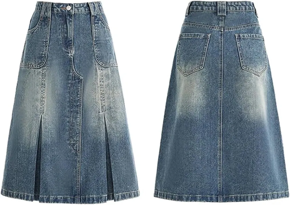 Women's 4 Big Pockets Irregular Pleated Denim Skirts High Waisted Distressed Washed Jean Skirts
