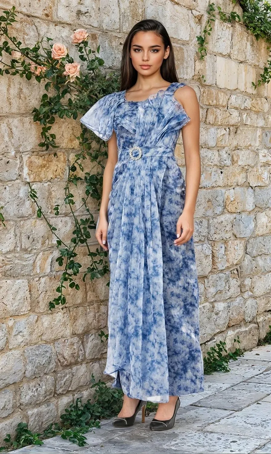 Women's Asymmetrical Printed Organza Gown  Elegant Dress with Drape Details, Square Neck & Crystal Belt