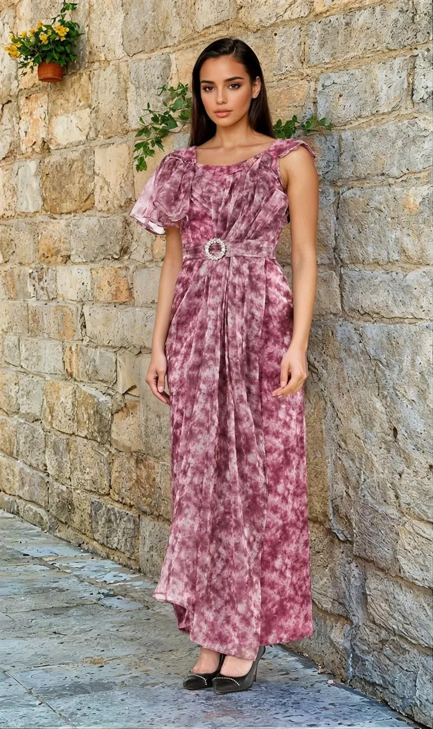 Women's Asymmetrical Printed Organza Gown  Elegant Dress with Drape Details, Square Neck & Crystal Belt